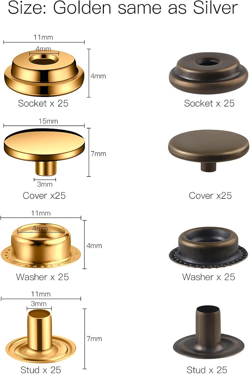 Moocci 200 Pcs (50 Sets) 5/8 inch (15mm) Leather Snap Fastener Kit Tool Snaps for Leather Stainless Snap Buttons for Bag, Jeans, Clothes, Fabric (Gold+Bronze) - Image 2